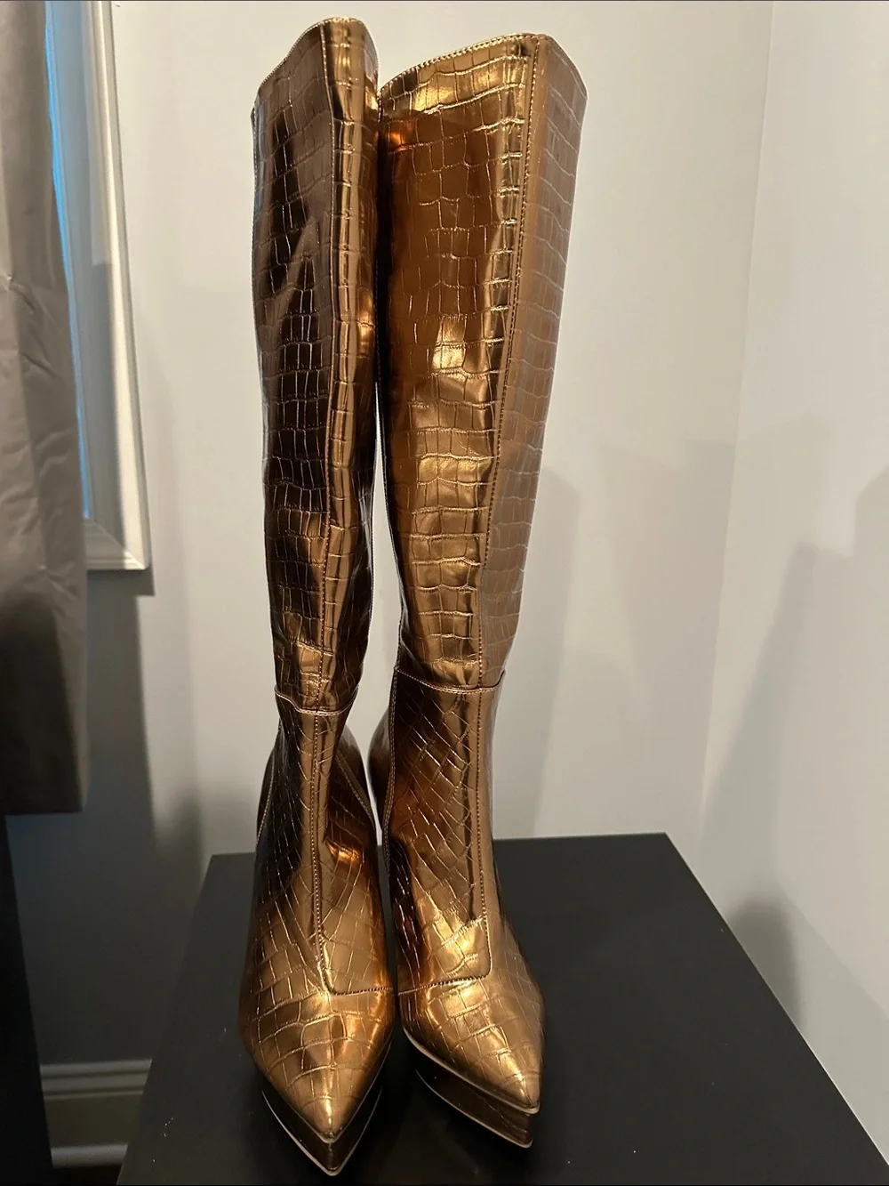Thalia Sodi Metallic Gold Croc Embossed Over-the-Knee Stiletto Boots BRONZE